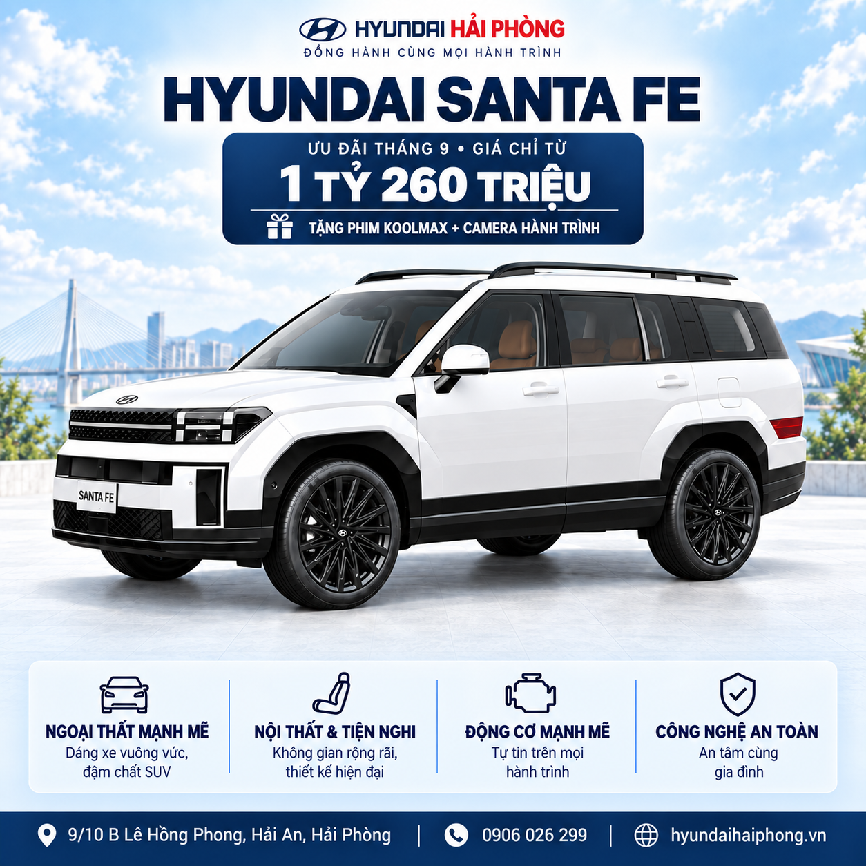 Một chiếc xe để tự tin đến nơi làm việc, thoải mái đưa cả gia đình đi chơi và sẵn sàng cho những chuyến đi xa. Hyundai Santa Fe thu hút với diện mạo vuông vức, mạnh mẽ cùng không gian nội thất rộng rãi, hiện đại.